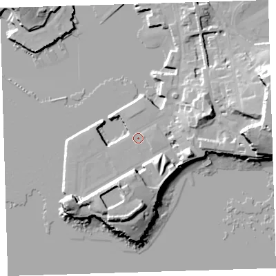 Shaded relief map of the ground around PL13RP, computed from Environment Agency LiDAR. The ground here sits at about 4 m above sea level and falls 26 m across the surrounding 800 m. Surface water reaching this point runs off ground lying to the east, 19.8 m higher.