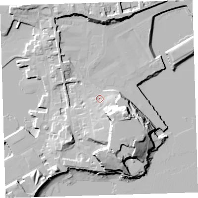 Shaded relief map of the ground around PL13RT, computed from Environment Agency LiDAR. The ground here sits at about 6 m above sea level and falls 29 m across the surrounding 800 m. Surface water reaching this point runs off ground lying to the south-east, 19.4 m higher.