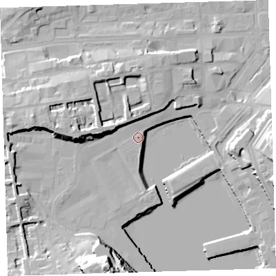 Shaded relief map of the ground around PL13SA, computed from Environment Agency LiDAR. The ground here sits at about 4 m above sea level and falls 29 m across the surrounding 800 m. Surface water reaching this point runs off ground lying to the west-north-west, 11.0 m higher.