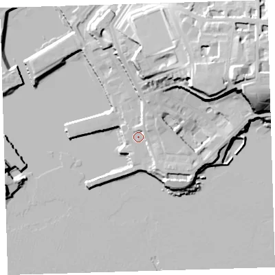 Shaded relief map of the ground around PL13TB, computed from Environment Agency LiDAR. The ground here sits at about 5 m above sea level and falls 35 m across the surrounding 800 m. Surface water reaching this point runs off ground lying to the north-north-east, 5.4 m higher.