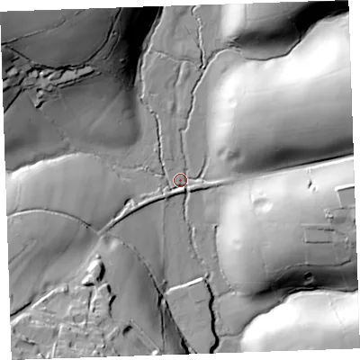 Shaded relief map of the ground around PL143LJ, computed from Environment Agency LiDAR. The ground here sits at about 89 m above sea level and falls 53 m across the surrounding 800 m. Surface water reaching this point runs off ground lying to the north-west, 50.3 m higher.