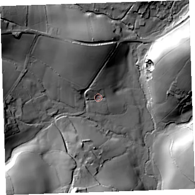 Shaded relief map of the ground around PL143LS, computed from Environment Agency LiDAR. The ground here sits at about 75 m above sea level and falls 53 m across the surrounding 800 m. Surface water reaching this point runs off ground lying to the north, 8.4 m higher.