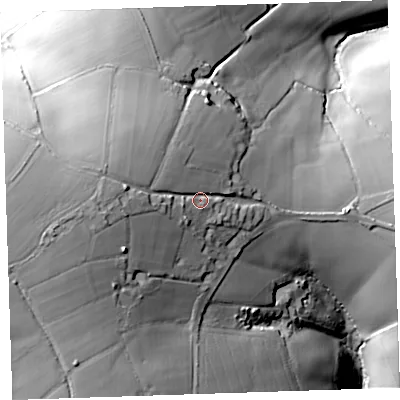 Shaded relief map of the ground around PL143NE, computed from Environment Agency LiDAR. The ground here sits at about 172 m above sea level and falls 62 m across the surrounding 800 m. Surface water reaching this point runs off ground lying to the west, 16.9 m higher.