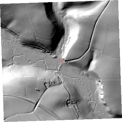 Shaded relief map of the ground around PL143PH, computed from Environment Agency LiDAR. The ground here sits at about 47 m above sea level and falls 56 m across the surrounding 800 m. Surface water reaching this point runs off ground lying to the north-east, 31.3 m higher.