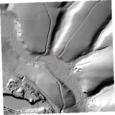 Shaded relief map of the ground around PL143PP, computed from Environment Agency LiDAR. The ground here sits at about 44 m above sea level and falls 83 m across the surrounding 800 m. Surface water reaching this point runs off ground lying to the north-east, 42.3 m higher.