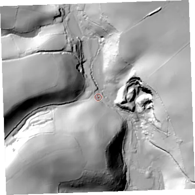 Shaded relief map of the ground around PL143PQ, computed from Environment Agency LiDAR. The ground here sits at about 66 m above sea level and falls 75 m across the surrounding 800 m. Surface water reaching this point runs off ground lying to the south-west, 62.3 m higher.