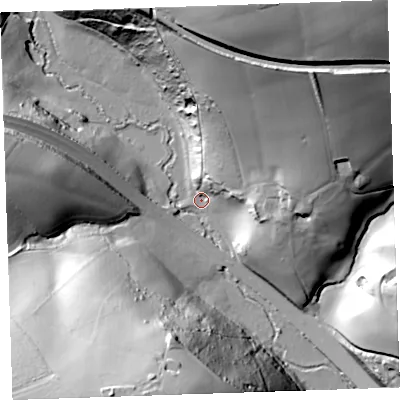 Shaded relief map of the ground around PL143PU, computed from Environment Agency LiDAR. The ground here sits at about 35 m above sea level and falls 76 m across the surrounding 800 m. Surface water reaching this point runs off ground lying to the north-north-east, 63.1 m higher.