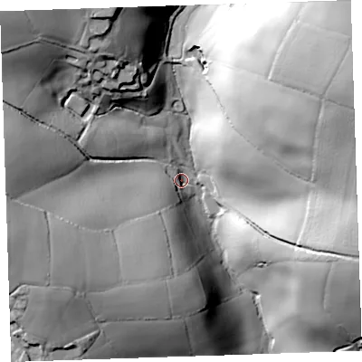 Shaded relief map of the ground around PL143SH, computed from Environment Agency LiDAR. The ground here sits at about 75 m above sea level and falls 83 m across the surrounding 800 m. Surface water reaching this point runs off ground lying to the north-east, 75.2 m higher.