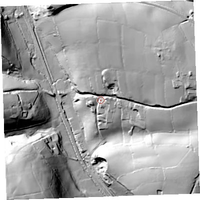 Shaded relief map of the ground around PL144JT, computed from Environment Agency LiDAR. The ground here sits at about 64 m above sea level and falls 76 m across the surrounding 800 m. Surface water reaching this point runs off ground lying to the east-north-east, 51.0 m higher.