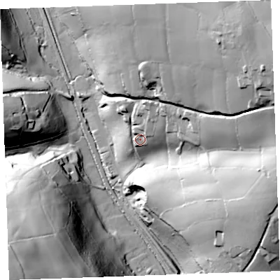 Shaded relief map of the ground around PL144JU, computed from Environment Agency LiDAR. The ground here sits at about 58 m above sea level and falls 80 m across the surrounding 800 m. Surface water reaching this point runs off ground lying to the north-east, 57.8 m higher.