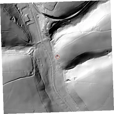 Shaded relief map of the ground around PL144JX, computed from Environment Agency LiDAR. The ground here sits at about 43 m above sea level and falls 68 m across the surrounding 800 m. Surface water reaching this point runs off ground lying to the north-east, 37.0 m higher.