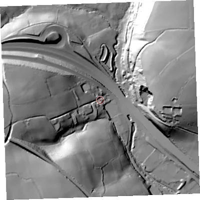 Shaded relief map of the ground around PL144LD, computed from Environment Agency LiDAR. The ground here sits at about 59 m above sea level and falls 79 m across the surrounding 800 m. Surface water reaching this point runs off ground lying to the west-south-west, 50.9 m higher.