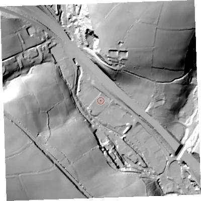 Shaded relief map of the ground around PL144LH, computed from Environment Agency LiDAR. The ground here sits at about 52 m above sea level and falls 75 m across the surrounding 800 m. Surface water reaching this point runs off ground lying to the east-north-east, 6.2 m higher.
