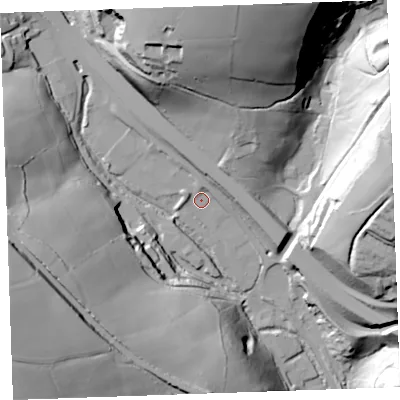 Shaded relief map of the ground around PL144LN, computed from Environment Agency LiDAR. The ground here sits at about 51 m above sea level and falls 68 m across the surrounding 800 m. Surface water reaching this point runs off ground lying to the north-north-east, 8.5 m higher.