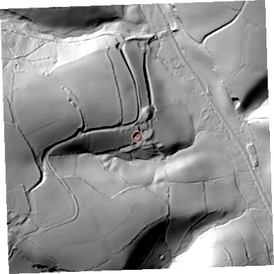 Shaded relief map of the ground around PL144QL, computed from Environment Agency LiDAR. The ground here sits at about 60 m above sea level and falls 107 m across the surrounding 800 m. Surface water reaching this point runs off ground lying to the north-west, 11.6 m higher.