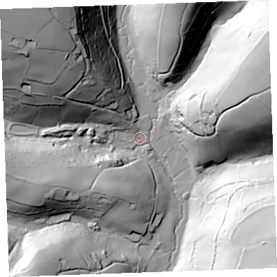 Shaded relief map of the ground around PL144QX, computed from Environment Agency LiDAR. The ground here sits at about 49 m above sea level and falls 89 m across the surrounding 800 m. Surface water reaching this point runs off ground lying to the north-west, 78.5 m higher.