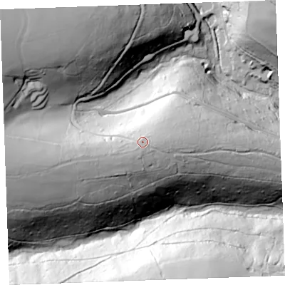 Shaded relief map of the ground around PL144QY, computed from Environment Agency LiDAR. The ground here sits at about 126 m above sea level and falls 96 m across the surrounding 800 m. Surface water reaching this point runs off ground lying to the south-west, 4.4 m higher.