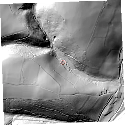 Shaded relief map of the ground around PL144RW, computed from Environment Agency LiDAR. The ground here sits at about 25 m above sea level and falls 98 m across the surrounding 800 m. Surface water reaching this point runs off ground lying to the north, 83.7 m higher.