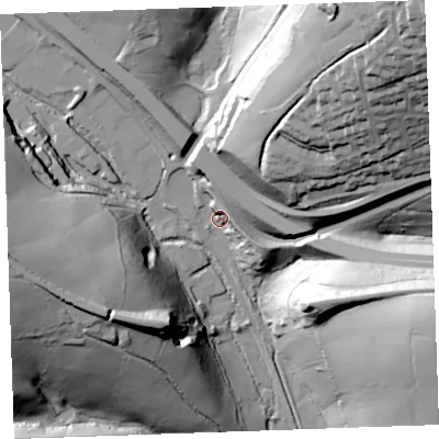 Shaded relief map of the ground around PL144TL, computed from Environment Agency LiDAR. The ground here sits at about 50 m above sea level and falls 82 m across the surrounding 800 m. Surface water reaching this point runs off ground lying to the north, 13.5 m higher.