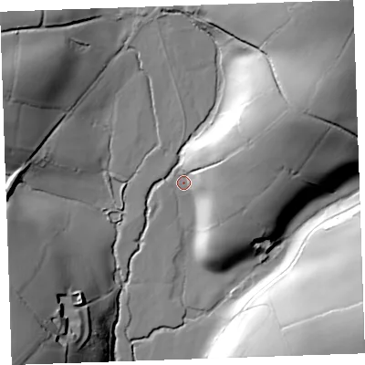 Shaded relief map of the ground around PL145AD, computed from Environment Agency LiDAR. The ground here sits at about 100 m above sea level and falls 51 m across the surrounding 800 m. Surface water reaching this point runs off ground lying to the north-east, 45.4 m higher.