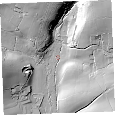 Shaded relief map of the ground around PL145BU, computed from Environment Agency LiDAR. The ground here sits at about 115 m above sea level and falls 66 m across the surrounding 800 m. Surface water reaching this point runs off ground lying to the north-east, 58.5 m higher.