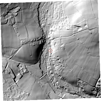 Shaded relief map of the ground around PL145EG, computed from Environment Agency LiDAR. The ground here sits at about 172 m above sea level and falls 72 m across the surrounding 800 m. Surface water reaching this point runs off ground lying to the east-north-east, 50.1 m higher.