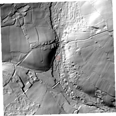 Shaded relief map of the ground around PL145EP, computed from Environment Agency LiDAR. The ground here sits at about 169 m above sea level and falls 72 m across the surrounding 800 m. Surface water reaching this point runs off ground lying to the north-east, 52.1 m higher.