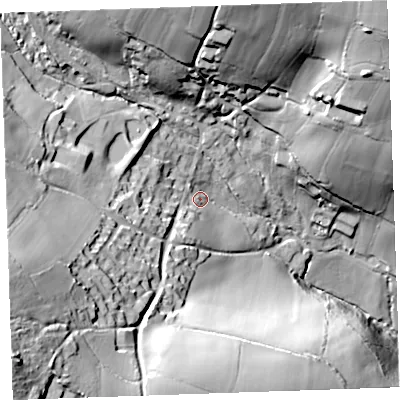 Shaded relief map of the ground around PL145ET, computed from Environment Agency LiDAR. The ground here sits at about 145 m above sea level and falls 73 m across the surrounding 800 m. Surface water reaching this point runs off ground lying to the south-west, 54.6 m higher.