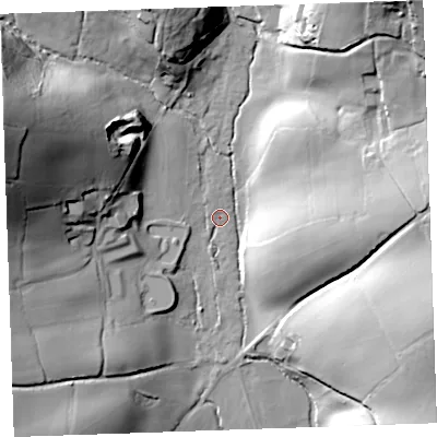 Shaded relief map of the ground around PL145FB, computed from Environment Agency LiDAR. The ground here sits at about 110 m above sea level and falls 53 m across the surrounding 800 m. Surface water reaching this point runs off ground lying to the north-north-west, 5.7 m higher.