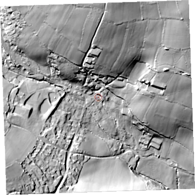 Shaded relief map of the ground around PL145HF, computed from Environment Agency LiDAR. The ground here sits at about 147 m above sea level and falls 74 m across the surrounding 800 m. Surface water reaching this point runs off ground lying to the north, 48.5 m higher.