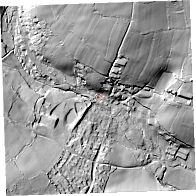 Shaded relief map of the ground around PL145HH, computed from Environment Agency LiDAR. The ground here sits at about 149 m above sea level and falls 75 m across the surrounding 800 m. Surface water reaching this point runs off ground lying to the north, 51.5 m higher.