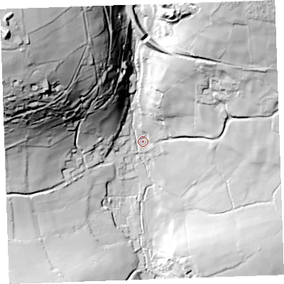 Shaded relief map of the ground around PL145JQ, computed from Environment Agency LiDAR. The ground here sits at about 192 m above sea level and falls 106 m across the surrounding 800 m. Surface water reaching this point runs off ground lying to the north-west, 90.5 m higher.