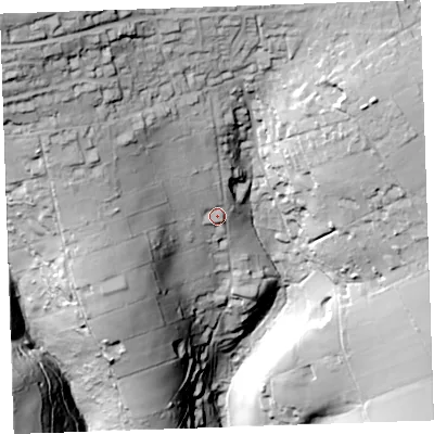 Shaded relief map of the ground around PL145QG, computed from Environment Agency LiDAR. The ground here sits at about 192 m above sea level and falls 106 m across the surrounding 800 m. Surface water reaching this point runs off ground lying to the north-west, 50.9 m higher.