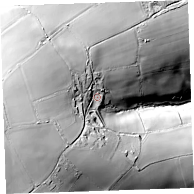 Shaded relief map of the ground around PL145RF, computed from Environment Agency LiDAR. The ground here sits at about 159 m above sea level and falls 101 m across the surrounding 800 m. Surface water reaching this point runs off ground lying to the west, 38.4 m higher.
