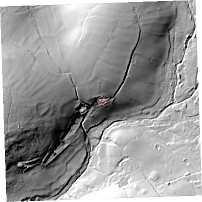Shaded relief map of the ground around PL146ER, computed from Environment Agency LiDAR. The ground here sits at about 231 m above sea level and falls 57 m across the surrounding 800 m. Surface water reaching this point runs off ground lying to the north-north-west, 19.0 m higher.