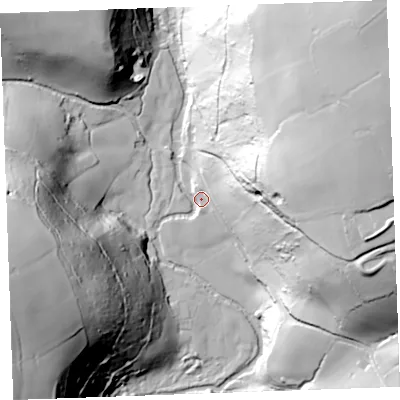 Shaded relief map of the ground around PL146HG, computed from Environment Agency LiDAR. The ground here sits at about 100 m above sea level and falls 95 m across the surrounding 800 m. Surface water reaching this point runs off ground lying to the north-east, 86.2 m higher.
