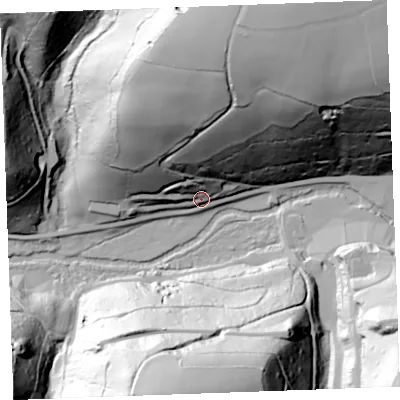 Shaded relief map of the ground around PL146HP, computed from Environment Agency LiDAR. The ground here sits at about 60 m above sea level and falls 115 m across the surrounding 800 m. Surface water reaching this point runs off ground lying to the north-north-east, 101.7 m higher.