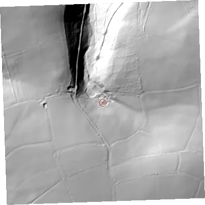 Shaded relief map of the ground around PL146HS, computed from Environment Agency LiDAR. The ground here sits at about 133 m above sea level and falls 89 m across the surrounding 800 m. Surface water reaching this point runs off ground lying to the south, 28.4 m higher.