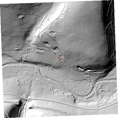 Shaded relief map of the ground around PL146HT, computed from Environment Agency LiDAR. The ground here sits at about 62 m above sea level and falls 113 m across the surrounding 800 m. Surface water reaching this point runs off ground lying to the north-north-east, 72.7 m higher.