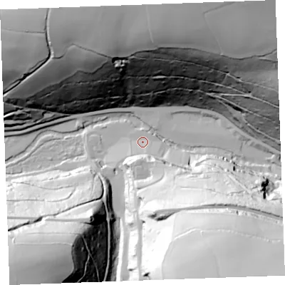 Shaded relief map of the ground around PL146HY, computed from Environment Agency LiDAR. The ground here sits at about 56 m above sea level and falls 109 m across the surrounding 800 m. Surface water reaching this point runs off ground lying to the south-east, 54.1 m higher.