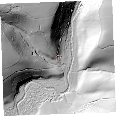 Shaded relief map of the ground around PL146LG, computed from Environment Agency LiDAR. The ground here sits at about 88 m above sea level and falls 90 m across the surrounding 800 m. Surface water reaching this point runs off ground lying to the north-north-west, 67.2 m higher.