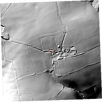Shaded relief map of the ground around PL146RS, computed from Environment Agency LiDAR. The ground here sits at about 200 m above sea level and falls 93 m across the surrounding 800 m. Surface water reaching this point runs off ground lying to the north, 24.8 m higher.
