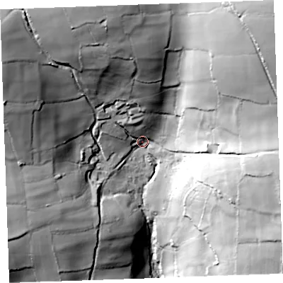 Shaded relief map of the ground around PL146RY, computed from Environment Agency LiDAR. The ground here sits at about 198 m above sea level and falls 102 m across the surrounding 800 m. Surface water reaching this point runs off ground lying to the north-north-west, 64.0 m higher.
