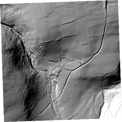 Shaded relief map of the ground around PL146RZ, computed from Environment Agency LiDAR. The ground here sits at about 151 m above sea level and falls 107 m across the surrounding 800 m. Surface water reaching this point runs off ground lying to the north, 71.5 m higher.