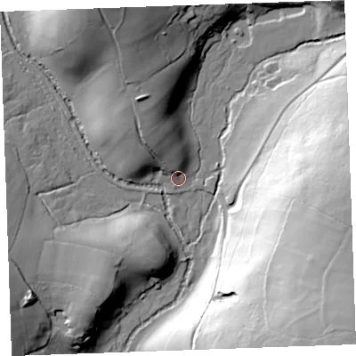 Shaded relief map of the ground around PL146SA, computed from Environment Agency LiDAR. The ground here sits at about 192 m above sea level and falls 74 m across the surrounding 800 m. Surface water reaching this point runs off ground lying to the north-north-west, 26.0 m higher.