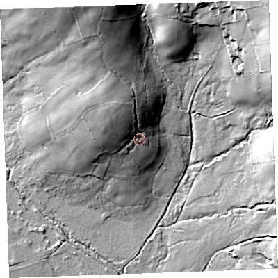 Shaded relief map of the ground around PL146SD, computed from Environment Agency LiDAR. The ground here sits at about 216 m above sea level and falls 54 m across the surrounding 800 m. Surface water reaching this point runs off ground lying to the north-west, 14.9 m higher.