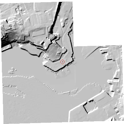 Shaded relief map of the ground around PL14DQ, computed from Environment Agency LiDAR. The ground here sits at about 4 m above sea level and falls 36 m across the surrounding 800 m. Surface water reaching this point runs off ground lying to the north-north-west, 15.9 m higher.