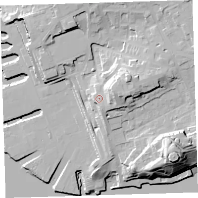 Shaded relief map of the ground around PL14FD, computed from Environment Agency LiDAR. The ground here sits at about 19 m above sea level and falls 37 m across the surrounding 800 m. Surface water reaching this point runs off ground lying to the east-south-east, 4.4 m higher.