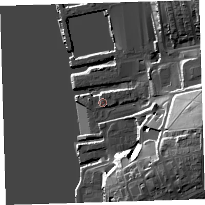 Shaded relief map of the ground around PL14FJ, computed from Environment Agency LiDAR. The ground here sits at about 5 m above sea level and falls 40 m across the surrounding 800 m. Surface water reaching this point runs off ground lying to the east-south-east, 35.2 m higher.