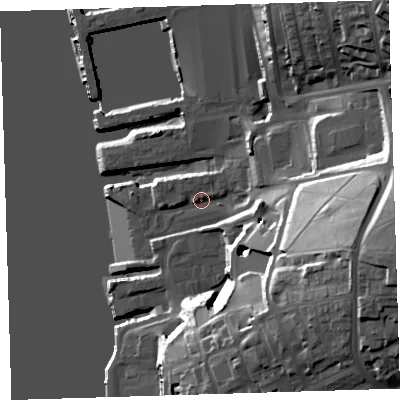Shaded relief map of the ground around PL14FL, computed from Environment Agency LiDAR. The ground here sits at about 4 m above sea level and falls 43 m across the surrounding 800 m. Surface water reaching this point runs off ground lying to the east-south-east, 34.8 m higher.